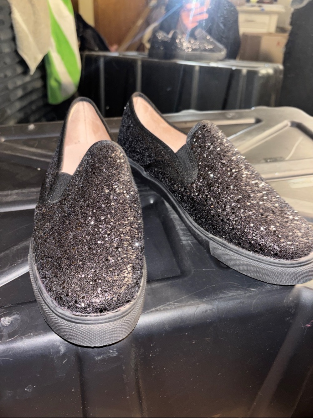 De Blossom Collection Black Glitter Slip-On Flats